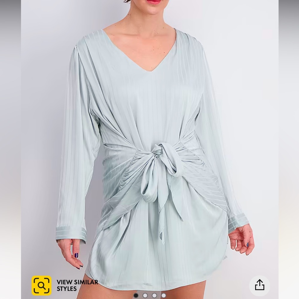 Women Long Sleeve V-Neck Mini Wrap Dress, Azure Blue Stripe